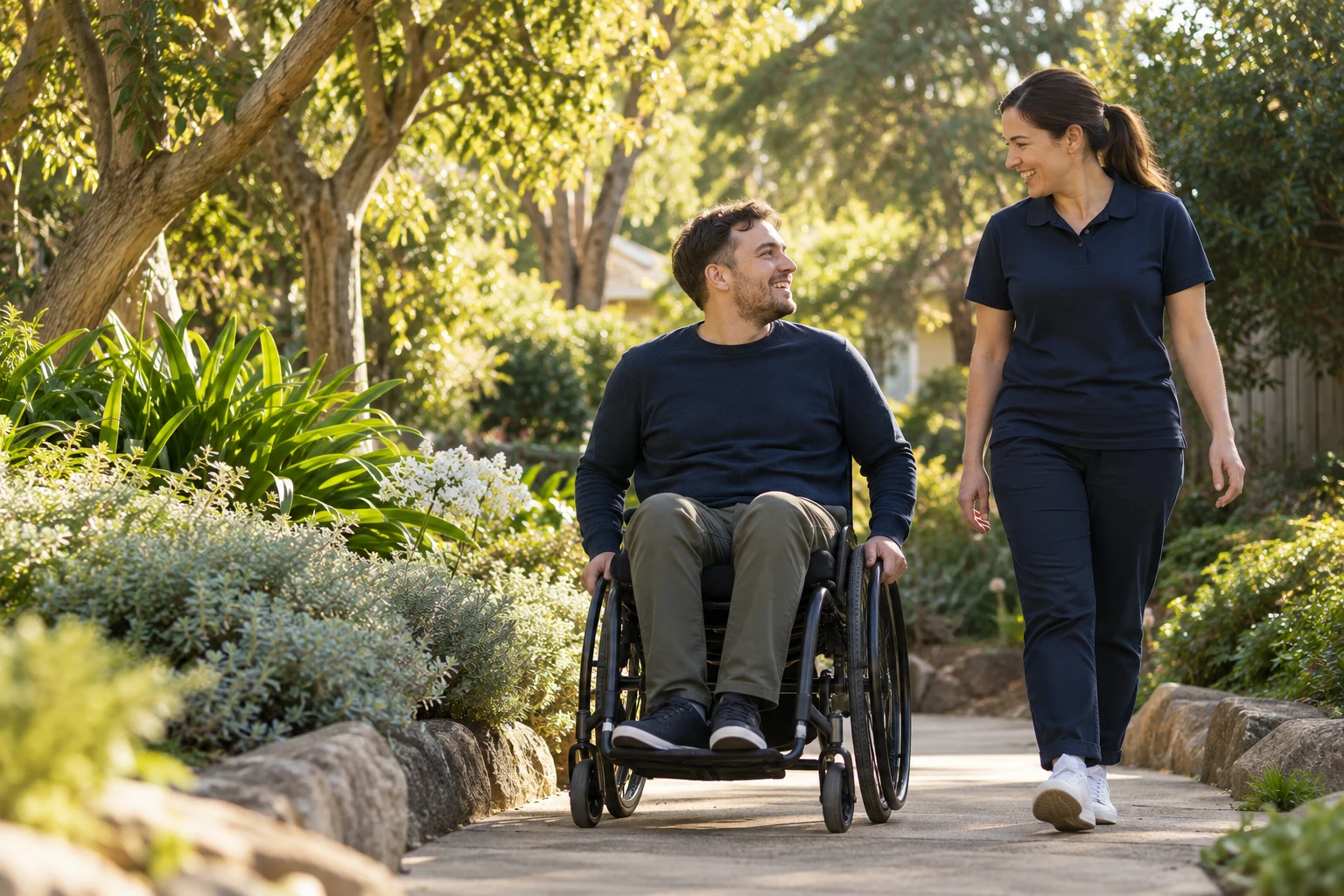 Support worker accompanying a person during an outdoor activity